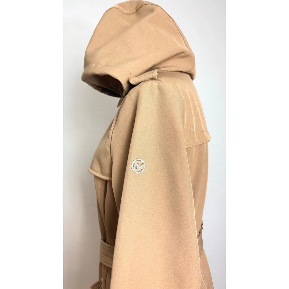 Michael Kors Tan Hooded Zip Up Trench Coat Jacket Size Large Classic Chic Winter